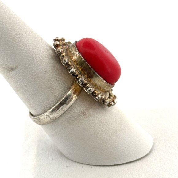 Vintage Estate Sterling Silver 925 Red Cabochon Ring Size 7.5 Beaded Frame - Picture 2 of 8
